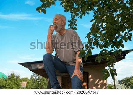 A senior citizen eats an apple under an apple tree on the roof of a summerhouse. Summerhouses with vegetable gardens are in the background.                               