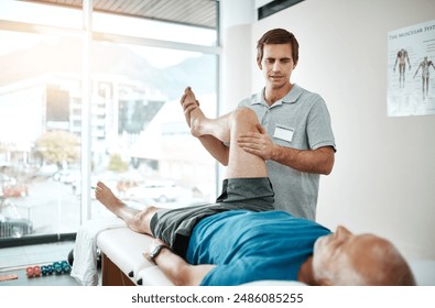 Senior client, knee pain and physiotherapist working in consulting room, rehabilitation with exercise. Male people, office and together for physiotherapy service with health insurance or support - Powered by Shutterstock