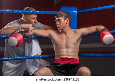 Senior Coach Advising Boxer After End Of Round. Two Man In Boxing Ring Talking