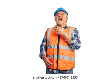Senior construction worker in hard hat and safety vest clutching his throat in pain and distress, signaling choking and medical emergency on white background