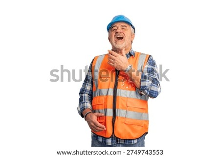 Senior construction worker in hard hat and safety vest clutching his throat in pain and distress, signaling choking and medical emergency on white background
