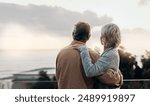 Senior couple, back and hug with balcony for love, embrace or outdoor holiday together at home. Mature man or woman with view of nature in relax or romance for vacation or bonding on terrace at house