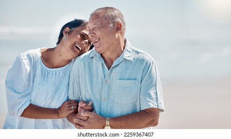 Senior couple, beach and laughing of love, relax and mockup on summer holiday, vacation or date. Happy retirement, man and woman at ocean for happiness, support and smile in care together in sunshine - Powered by Shutterstock