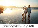 Senior couple, beach and walking with dog in sunset for romance, love or bonding together in nature. Man, woman or lovers holding hands in outdoor sunshine on water or ocean coast with pet or animal