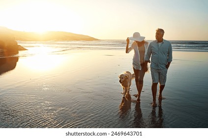 Senior couple, beach and walking with dog in sunset for romance, love or bonding together in nature. Man, woman or lovers holding hands in outdoor sunshine on water or ocean coast with pet or animal - Powered by Shutterstock