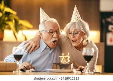 A senior couple is blowing a candle and celebrating birthday at home. - Powered by Shutterstock