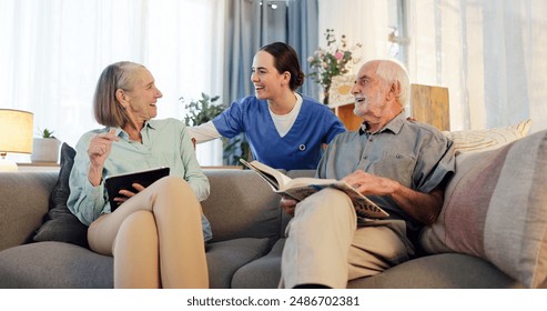 Senior couple, caregiver and happy on couch in retirement home with fun, trust and support. People, nurse and pensioner with smile for photo album or tablet on sofa with laughing for wellness - Powered by Shutterstock