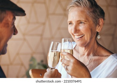 Senior Couple, Champagne And Drinks Toast In House Or Home For Marriage Anniversary, Celebration Event Or Retirement Success. Happy Smile, Love Or Elderly Man, Woman And Enjoy Alcohol Glass Together