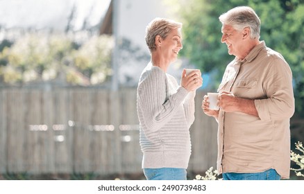 Senior, couple and coffee with conversation by window in morning, happiness and speaking with love for marriage. Mature, man and woman with warm beverage in family house, bonding and relationship. - Powered by Shutterstock