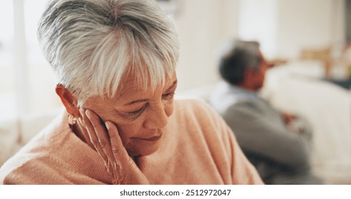 Senior couple, conflict and ignore on sofa with divorce, stress and frustrated with thinking in home. Woman, retirement and depression with affair, fight and annoyed with reflection in living room - Powered by Shutterstock