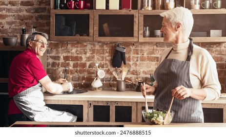 A senior couple is cooking together in a modern kitchen. The man is chopping vegetables, while the woman is standing by the stove. They are both wearing aprons and smiling. - Powered by Shutterstock