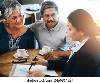 Senior couple, discussion and lawyer with documents for financial advice, retirement plan and will at home. Old man, elderly woman and attorney with paperwork, budget negotiation and legal agreement - Powered by Shutterstock