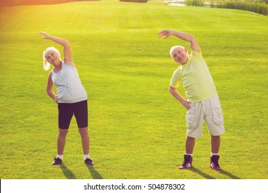 Senior Couple Does Exercise. Woman And Man On Meadow. Gymnastics In The Open Air. Do Fitness And Improve Health.