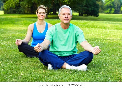 Senior couple doing yoga in the park. Health.