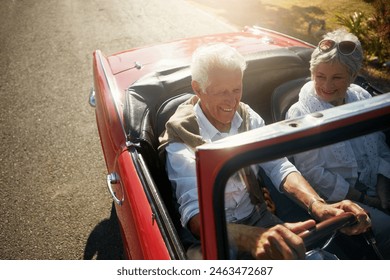 Senior, couple and driving convertible for road trip holiday or countryside retirement, transportation or travel. Man, woman and old people on vacation journey in California, explore or happiness - Powered by Shutterstock