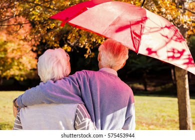 Senior couple embracing under an umbrella in a park - Powered by Shutterstock