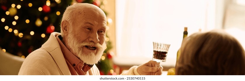 A senior couple enjoys each others company at home, celebrating Christmas with joy and laughter. - Powered by Shutterstock