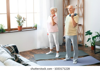 Senior Couple Exercise Together At Home Health Care Lift Up Dumbbells