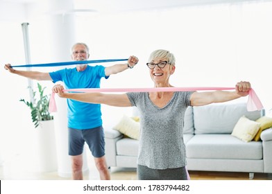 Senior Couple Exercise Together At Home Health Care 