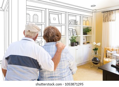 Senior Couple Facing Custom Built-in Shelves and Cabinets Design Drawing Gradating to Finished Photo.