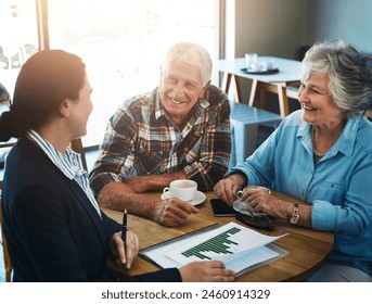 Senior, couple and financial advisor talking with paperwork, cafe and meeting for investment conversation. Statistics, graphs and finance with people, retirement plan and planning with professional - Powered by Shutterstock