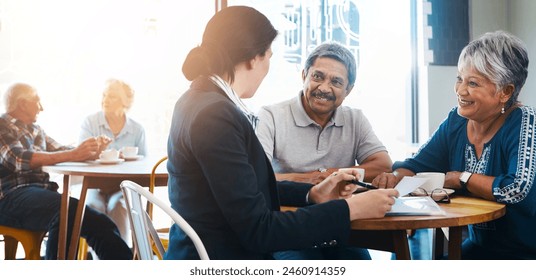 Senior couple, financial advisor and talking in meeting, relax conversation and estate planning or legacy policy. Insurance, asset management and professional, pensioner people and discussion in cafe - Powered by Shutterstock