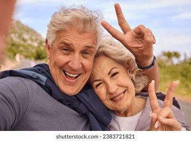 Senior couple, fitness and selfie with peace sign for smile, outdoor and nature for portrait together. Elderly man, woman and hand for emoji, health and love for profile picture, training and workout - Powered by Shutterstock