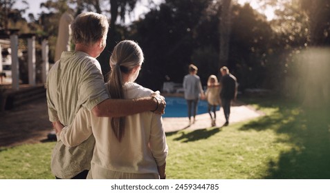 Senior couple, garden and hug from behind with family for good memories, growth and goodbye together in backyard. Man, woman and back view in nature with embrace, pride and heartwarming at home - Powered by Shutterstock