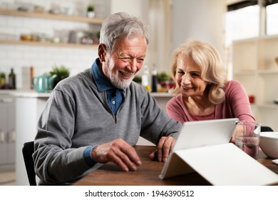 Senior Couple Having Video Call. Happy Husband And Wife Talking With Their Grandkids.