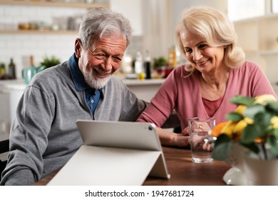 Senior Couple Having Video Call. Happy Husband And Wife Talking With Their Grandkids.