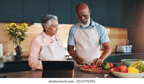 Senior couple, healthy or tablet for cooking recipe method, dinner or guide in home or interracial marriage. Online tutorial, learning or people with ingredients instruction, food or meal prep steps - Powered by Shutterstock