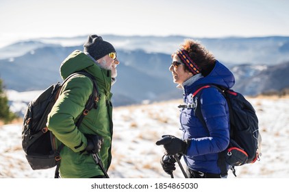 Senior Couple Hikers Talking In Snow-covered Winter Nature.