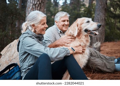 Senior couple, hiking and dog outdoor in nature for exercise, fitness and trekking for health and wellness. Old man, woman and golden retriever pet on hike in forest for workout, cardio and happiness - Powered by Shutterstock