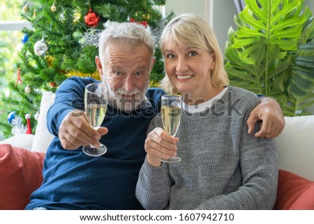 Senior couple holding glass of champagne to celebrate together at home for Christmas festival day, Retirement lifestyle concept