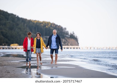 Senior couple holding hands with their preteen granddaughter and walking on sandy beach.