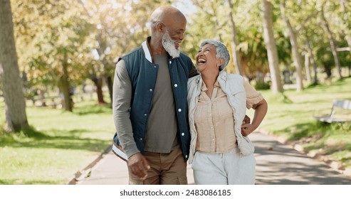 Senior couple, hug and laughing in park for wellness, health and bonding in spring and walking. Excited interracial and elderly people with support, care and talking of walk or travel journey outdoor - Powered by Shutterstock