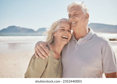 Senior couple, hug and love at the beach with happiness, freedom and care on vacation. Man and woman laughing on retirement holiday, adventure and romantic trip outdoor in nature to relax and travel - Powered by Shutterstock