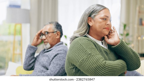 Senior couple, ignoring and upset on fight, argument and divorce for marriage problems. People, stress and frustrated for silent treatment, living room and anxious in retirement, couch and conflict - Powered by Shutterstock