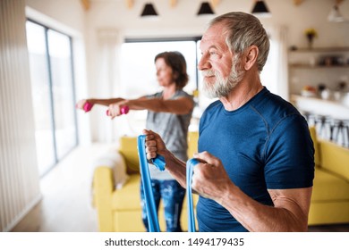 A Senior Couple Indoors At Home, Doing Exercise Indoors.