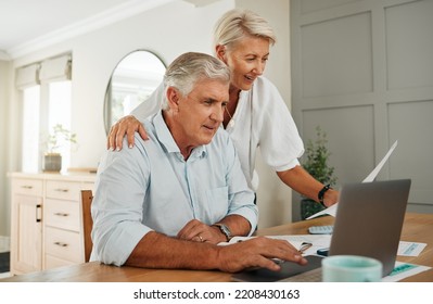 Senior Couple With Laptop For Life Insurance Documents, Home Retirement Planning Or Investment With Online Ecommerce Website Or Banking. Elderly People With Tax Paperwork, Pension Or Asset Management