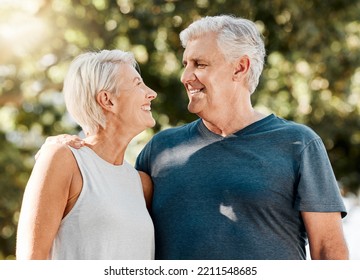 Senior Couple, Laughing And Bonding In Fitness Workout And Garden Training In Australian Nature Park. Happy Smile, Exercise Or Retirement Elderly Man Or Woman In Trust, Health Mindset Support Or Love