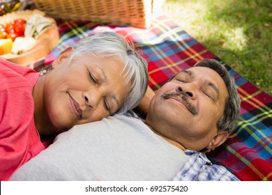 Senior Couple Laying On Blanket At The Park