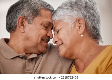 Senior Couple, Love And Hug, Retirement Together And Bonding With Affection In Closed Eyes Closeup. Elderly, Man And Woman Face, Care And Connection, Marriage And Strong Relationship In Old Age.