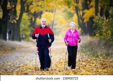 senior couple making nordic walking in the park