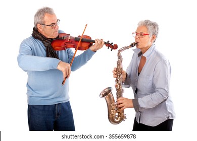 Senior Couple With Music Instruments, Musicians Playing Saxophone And Violin