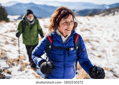 Senior couple with nordic walking poles hiking in snow-covered winter nature. - Shutterstock ID 1832510272