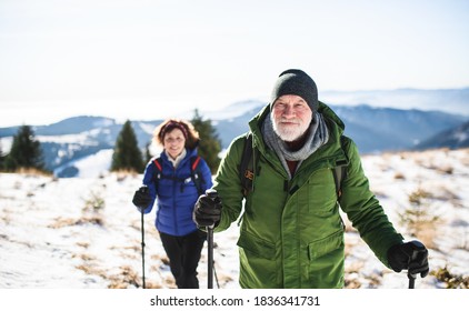 Senior couple with nordic walking poles hiking in snow-covered winter nature. - Shutterstock ID 1836341731