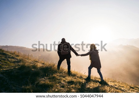 Similar – Foto Bild Herbstsonnenaufgang auf einem Bauernhof. Bäume im nebligen Herbstmorgen in Ungarn