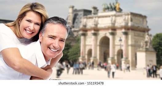 Senior Couple In Paris. Tourism And Traveling Background.