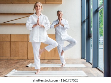 Senior Couple Performing Tree Pose On Yoga Mats